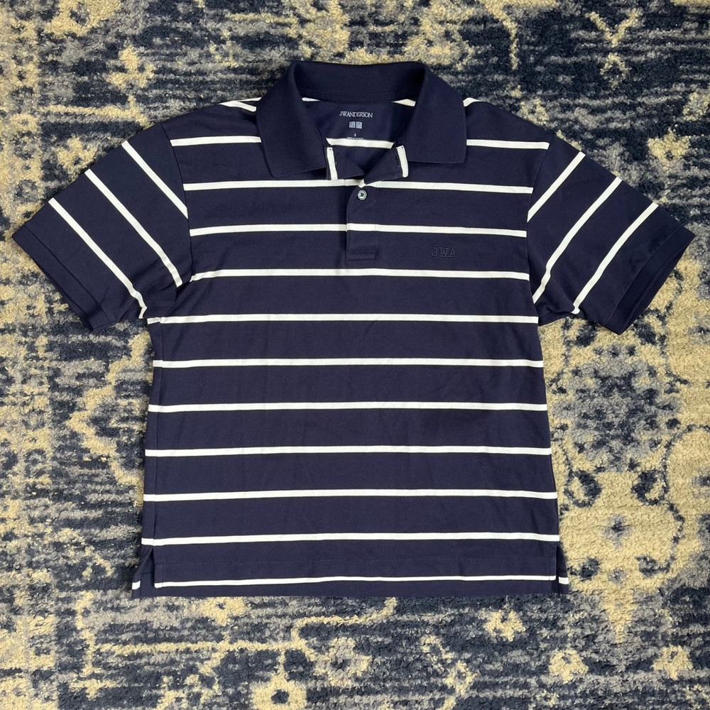 JW Anderson x Uniqlo Navy White Striped Polo Shirt Short Sleeve JWA Logo Small